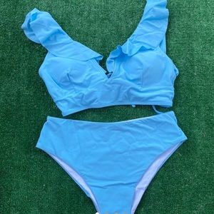Shein bikini (Plain Lace Up Ruffle Trim Bikini Swimsuit)-Size- Medium (6)- New